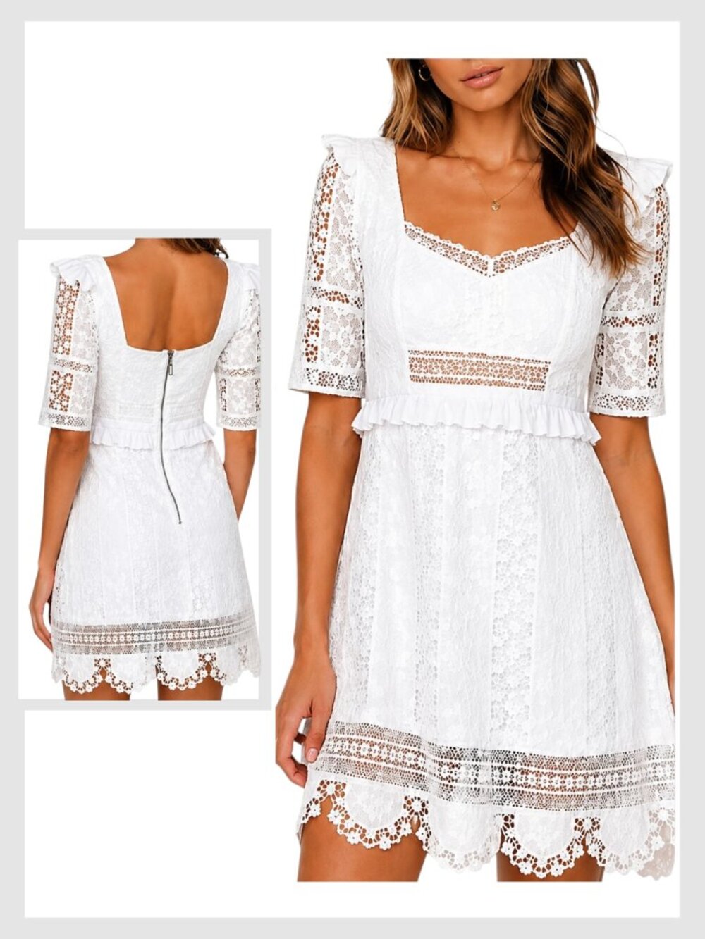 For Love & Lemons Amandine Mini Dress Ivory Embroidered Lace XS